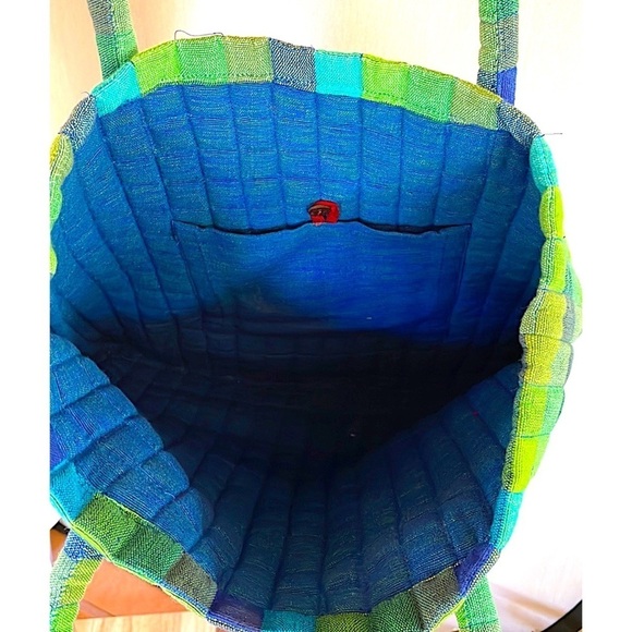 Barbara Samsoni Pure Cotton handmade blue green checkered tote shopping bag - Picture 5 of 5